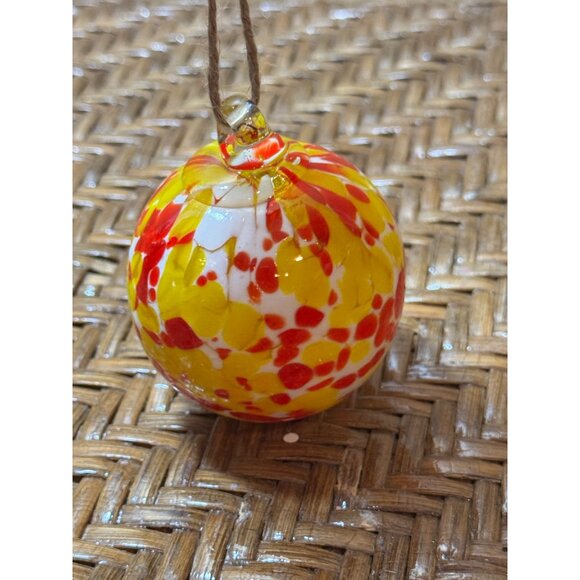 Handcrafted Blown Glass Ornament With Vibrant Red Yellow & White - Picture 2 of 6